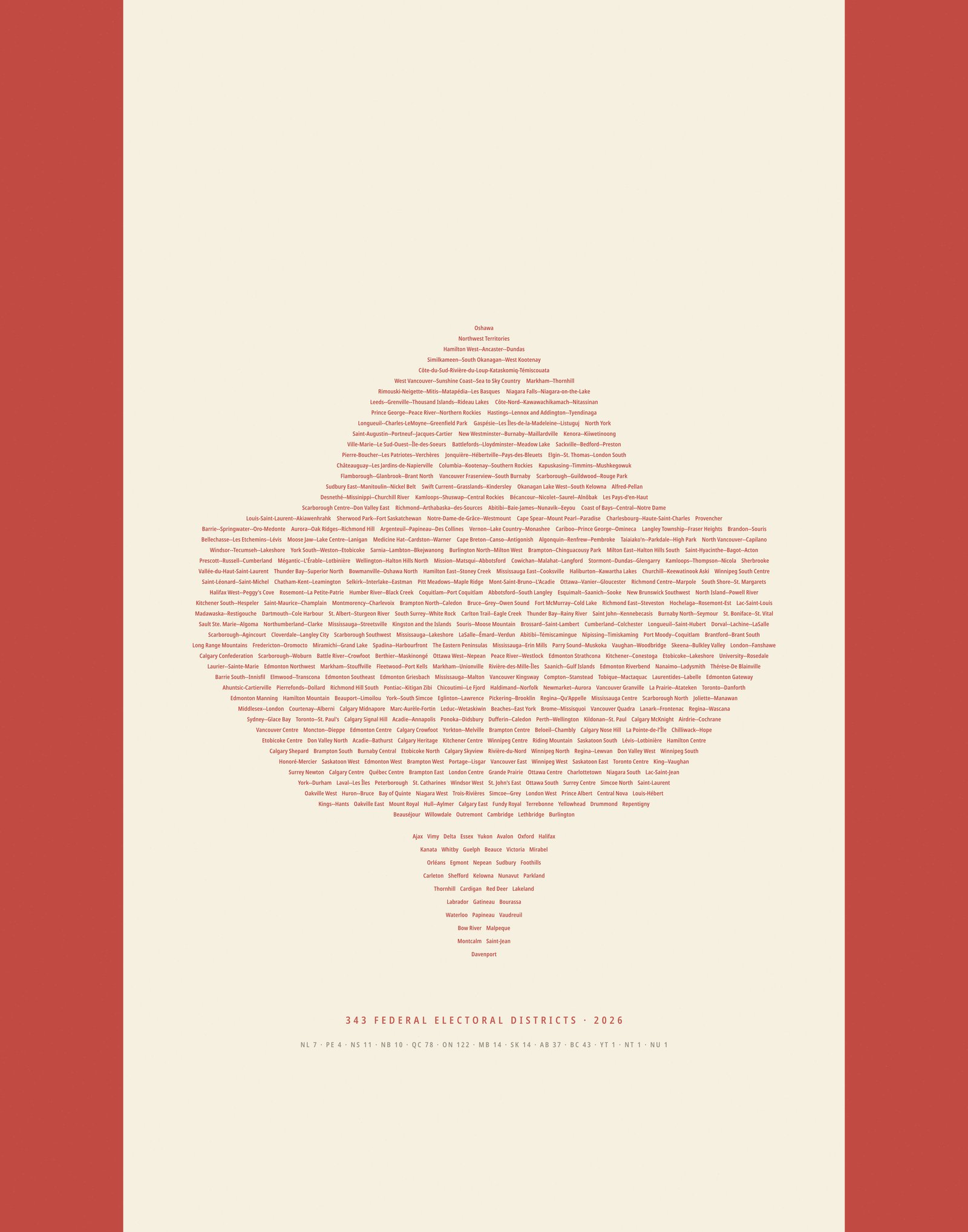 Full Official Leaf poster artwork — the names of Canada's 343 federal electoral districts forming a maple leaf on the Canadian flag